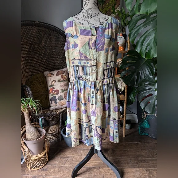 Vintage 100% Silk Geometric Pattern Dress Size L - Picture 4 of 10